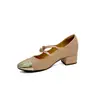 Sapatos Femininos de Salto Bloco com Tiras de Strass Color Block, Aumento de Altura 6CM, Bico Redondo, Patchwork, Salto Alto - Novo Estilo 2026, Inspirado em Chanel