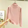 Camiseta feminina de outono e inverno, com forro de fleece, espessada, corte justo, manga longa, quente, como camada base, com gola alta e barra em ondas.
