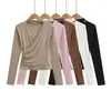 2025 Otoño/Invierno Nuevo Top Base de Cachemira Hueco con Cuello en V Ajustado a la Cintura Manga Larga Ruched Ajustado Camiseta Corta