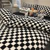 Conjunto de Ropa de Cama a Cuadros con Empalme en Negro y Blanco de Moda Funda de Edredón Juego de Cuatro Piezas Dormitorio de Estudiante Lavable Juego de Tres Piezas
