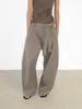 Pantalones Casuales de Pierna Ancha Sueltos de Cintura Baja con Pliegues, Estilo Kendo, Color Caqui Gris Brillante, Tacto Cremoso, con Cinturón, Forma de Cimitarra
