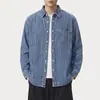 Camisa listrada workwear retrô americana 2026, peça externa masculina estilo old money, camisa casual de manga longa solta e versátil, algodão
