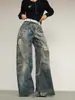 Calça jeans larga de perna reta com corrente 3D estilo americano de rede transfronteiriça para homens e mulheres, nova calça reta com corte curvo de verão 2026, moderna