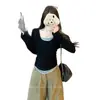 Top de manga larga para mujer talla grande, estilo nuevo Otoño 2025, bloques de color, único, falso dos piezas, adelgazante, ajustado a la cintura