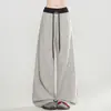 Pantalones casuales de punto a rayas beige y gris estilo americano para mujer, corte holgado y relajado, con una caída favorecedora, efecto adelgazante, versátiles pantalones largos de pierna ancha y recta