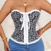 Top Jacquard Blanco y Negro Estilo Corsé con Cierre Frontal, Bustier Corto con Ballenas y Bordes Fruncidos, Top Picante Estilo Corte Vintage