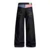 Pantalones Vaqueros de Pierna Ancha Bloque de Color para Hombre, Diseño Americano de Moda con Bolsillos Traseros Bordados, Pantalones Únicos Rectos Holgados