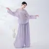 Nueva camisa de estilo chino con cuello redondo, cordón y manga larga para mujer, ropa de práctica de danza clásica estilo nacional, top de baile entallado a la cintura