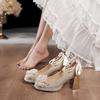 Zapatos de Tacón Alto para Mujer 2025 Nuevo Estilo Lazo de Pedrería Nuevo Estilo Chino Cadena de Perlas Punta Cuadrada Boca Escotada Tacón Grueso