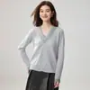 Suéter Tricô Patchwork de Renda com Decote V Macio Cashmere Feminino 2026 Outono/Inverno Novo Estilo Textura Suave Atmosfera Elegante