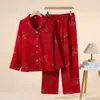 Pijama Rojo para Mujer, Primavera y Otoño, Algodón Puro, Manga Larga, Alta Calidad, Estilo de Pareja Moderno, Ropa de Casa Roja Holgada que se Puede Usar Afuera