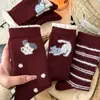 Meias de Lã para Mulheres, Meias de Cano Médio com Desenhos de Animais, Meias Folgadas Doces e Fofas, Espessadas para o Inverno, Meias Quentes Cor Vinho
