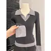 Blusa de Tricô Falsa de Duas Peças com Gola Polo de Manga Longa para Mulheres 2026 Outono Camada Interna Camada Base Design Slim Fit Estilo Coreano