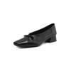 Zapatos de piel de vaca con lazo, estilo retro, sencillos, de una sola capa, de primavera 2025, gruesos, de tacón medio cuadrado, con boca en V, de piel auténtica, talla para mujer
