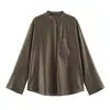 Roupas femininas transfronteiriças europeias e americanas ZA, best-seller do AliExpress, camisa simples de cor sólida de manga comprida, corte solto, com bolsos e bordado