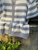 Camisa de punto a rayas azules y blancas de manga corta para hombre, estilo americano de verano, holgada, casual, con un toque de alta gama