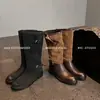 Hebilla de cinturón de bloques de color botas anchas botas altas de mujer invierno nuevo piel de vaca cabeza redonda tacón grueso medio pero hasta la rodilla botas largas botas de jinete de mujer