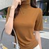 Foto Real # Camiseta de Manga Curta com Gola Alta no Ombro Direito para Mulheres Verão 2025 Camisa Básica Slim para Mulheres Top de Manga Três Quartos