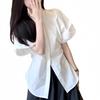 Blusa Blanca Estilo Francés con Mangas Cortas Abullonadas para Mujer, Nuevo Diseño Verano 2026, Estilo de Nicho, Ceñida a la Cintura, Top Adelgazante