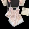 Conjunto Sexy de Camisola e Shorts de Seda Gelada de Puro Desejo para Mulheres, Estampagem a Quente, com Bojos, Renda, Seda Fina para Casa