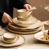 Conjunto de Louça de Mesa Cerâmica com Padrão Ondulado Queimado em Forno de Fábrica, Louça de Jantar Estilo Rústico, Novo Conjunto de Pratos e Tigelas de Porcelana para Casa Nova