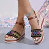 Sandalia de cuña de esparto abierta de verano de estilo étnico bordada de nueva llegada para mujer, talla grande, comercio exterior, suela blanda, versátil, calzado casual
