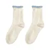 Calcetines de lana gris con borde enrollado para mujer, otoño e invierno, calcetines de algodón puro de media pantorrilla, engrosados y cálidos, calcetines largos, calcetines de invierno holgados estilo japonés