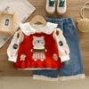 Conjunto de Tres Piezas de Chaleco Suéter para Bebé Niña 2025 Primavera y Otoño Nuevo Estilo Camisa de Encaje con Cuello de Muñeca para Niña Ropa para Niños Pequeños