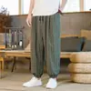 Comercio Exterior Transfronterizo Moda Japonesa y Coreana Pantalones Cortos Sueltos Rayados de Algodón y Lino para Hombre, Transpirables, Anti-arrugas, Pantalones Jogger Harem Retro