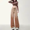 Jeans rectos de alta costura con degradado para primavera y otoño para mujer, pantalones anchos de pierna recta casuales holgados retro americanos desgastados de color marrón
