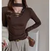 Camada Base Sexy Estilo Americano com Decote em V e Renda Spliced com Gola Alta para Mulheres Outono e Inverno Tencel Slim-Fit Top Interno