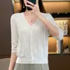 Nuevo estilo de verano cárdigan de punto de algodón puro con rayas verticales, mangas tres cuartos, chaqueta de color liso con cuello en V estilo coreano, top hueco de color liso para mujer