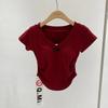 Top de Diseño sin Espalda Estilo Deseo Puro Moderno y Elegante Verano Slim Versátil Cuello en V Manga Corta Camiseta para Mujer Ins