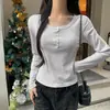Camiseta de algodão puro, ombro normal, cor sólida, simples, modelagem justa, manga longa canelada para mulheres, adequada para primavera, outono e inverno, blusa de botões curta com decote V, camada base