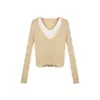 Suéter de punto de manga larga de color de contraste, estilo dos piezas falsas, para mujer, nuevo diseño de principios de otoño, top pullover de cuello en V ajustado retro de nicho
