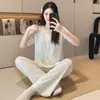 6535 Pijama de Algodón para Mujer Primavera y Verano Estilo Nuevo Dulce y Fresco Floral Manga Corta Pantalón Largo Corte Holgado Conjunto de Ropa para el Hogar de Chica