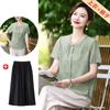 Traje de Verão Novo Estilo Chinês para Mãe Camisa Elegante com Decote em V para Mulheres de Meia-idade e Idosas Camisa Pequena Solta Antiga de Verão