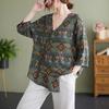 Moda Casual Transfronteiriça Retrô Assimétrica Camisa AliExpress Nova Solta Estilo Ocidental Fivela Decote V Estampada T Tendência