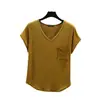 Camiseta Feminina de Manga Curta com Decote V em Modal para o Verão, Nova, Cor Sólida, Solta, Emagrecedora, Fina, com Bolso, Camisa Básica Top