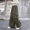 Calças Cargo Verdes para Meninas 2026 Outono Novidades Médio e Grande Crianças Bolsos Grandes Calças de Pernas Largas Calças de Pernas Retas Roupa de Outono Calças Infantis