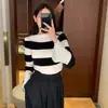 Enviado, talla actualizada: Top de punto a rayas retro chic coreano de otoño con mangas acampanadas para mujer, corte ajustado