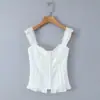 7698-26 Estilo Blogger de Primavera Patchwork de Renda Slim Fit Blusa Branca Franzida com Costas Elásticas