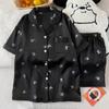 Pijama de Seda de Hielo de Alta Gama Negro para Mujer Verano Nuevo Mariposa Estampado Completo Manga Corta Ropa de Casa Conjunto de Dos Piezas Foto Real Venta al por Mayor