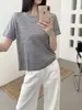 Suéter de Punto Ligero y Suave de Mezcla de Lana con Hilo Iridiscente para Mujer, Top Multicolor con Hilo Jaspeado de Manga Corta y Cuello Redondo, Camiseta Base