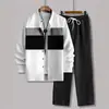 Traje de Hombre Transfronterizo para Primavera y Otoño, Cuello Alto, Manga Larga, Bloques de Color, Camisa de Botones, Pantalones de Color Sólido con Cordón, Conjunto de Dos Piezas