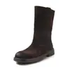 Botines de mujer hasta la pantorrilla en piel de vaca envejecida, nuevo estilo otoño e invierno, piel genuina, punta redonda, tacón medio, sin cordones, botines medios envejecidos vintage para mujer