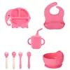 Conjunto de Prato de Silicone para Jantar Infantil de Grau Alimentício Tigela de Silicone Garfo Colher Tigela para Comida Complementar de Bebê Utensílios de Alimentação Conjunto de Oito Peças