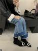 Botas Curtas de Aumento de Altura 2025 para Mulheres, Botas Individuais de Primavera e Outono com Fivela Quadrada de Strass, Botas Slim Versáteis de Camurça com Zíper Traseiro