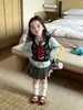 Conjunto Estilo Academia para Meninas Pequenas Suéter de Tricô Infantil com Camisa e Gravata Top Saia Plissada Estilo Moderno