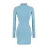 Vestido Cinza de Gola Alta e Manga Longa para Mulheres, Vestido Interno Justo para Primavera e Outono, Justo ao Corpo, Saia Curta que Marca o Quadril